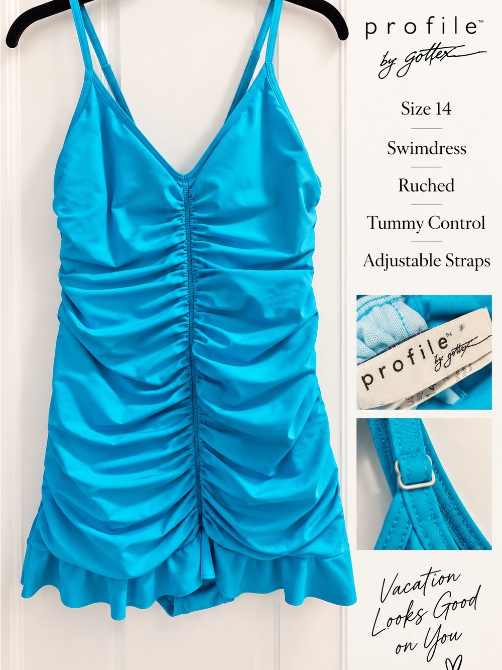 Profile by Gottex Size 14 Turquoise Ruched Tummy Control Swimdress Swimsuit